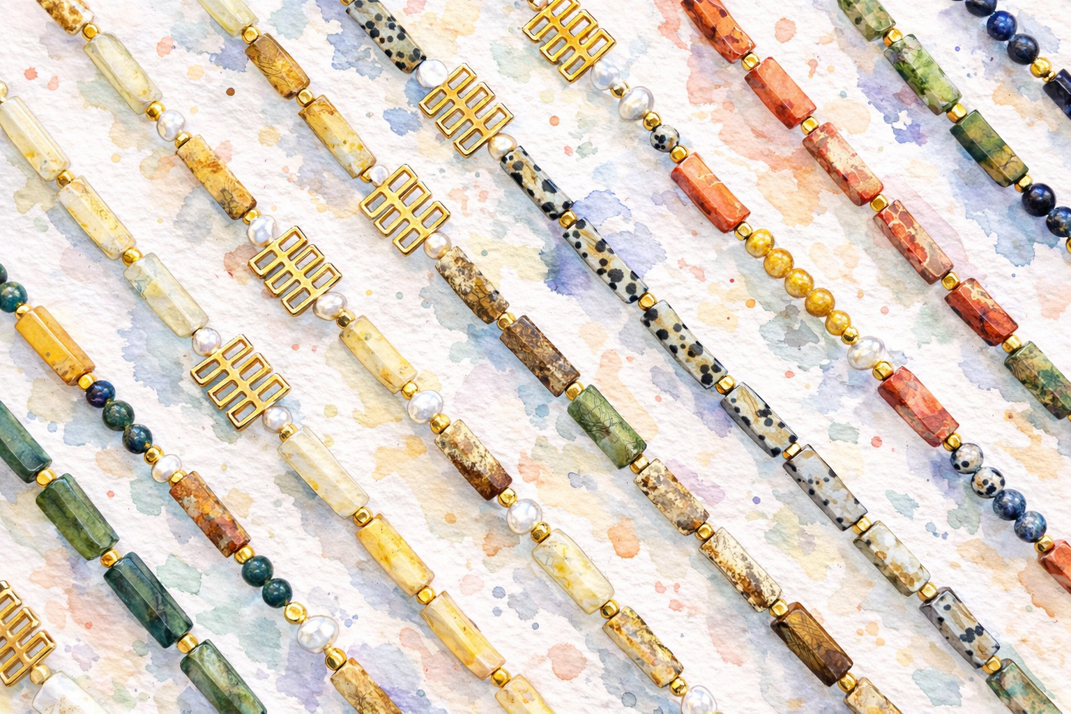 Colorful beaded necklaces with gold clasps on a textured background