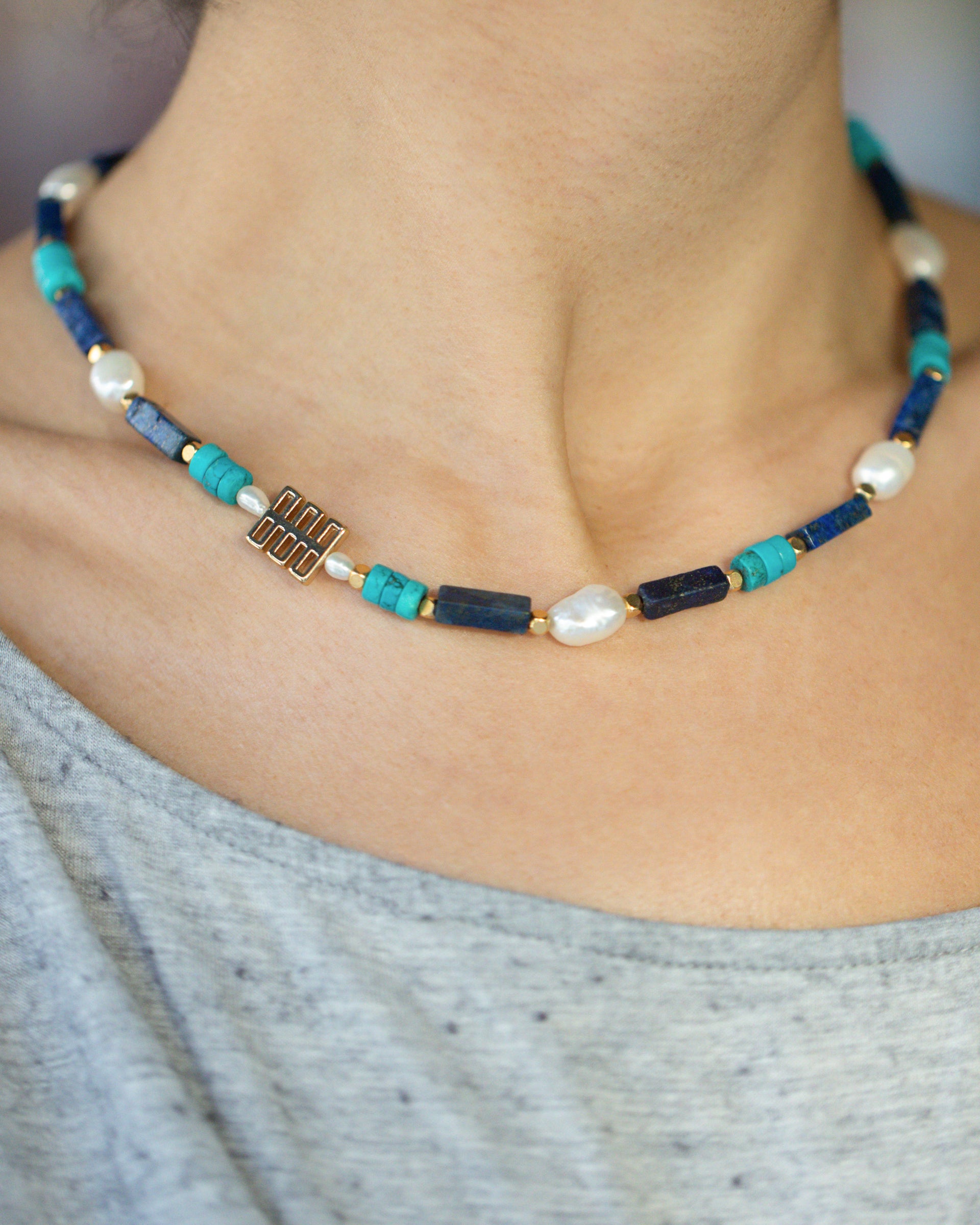 Lapis Lazuli and Turquoise Necklace with Pearls