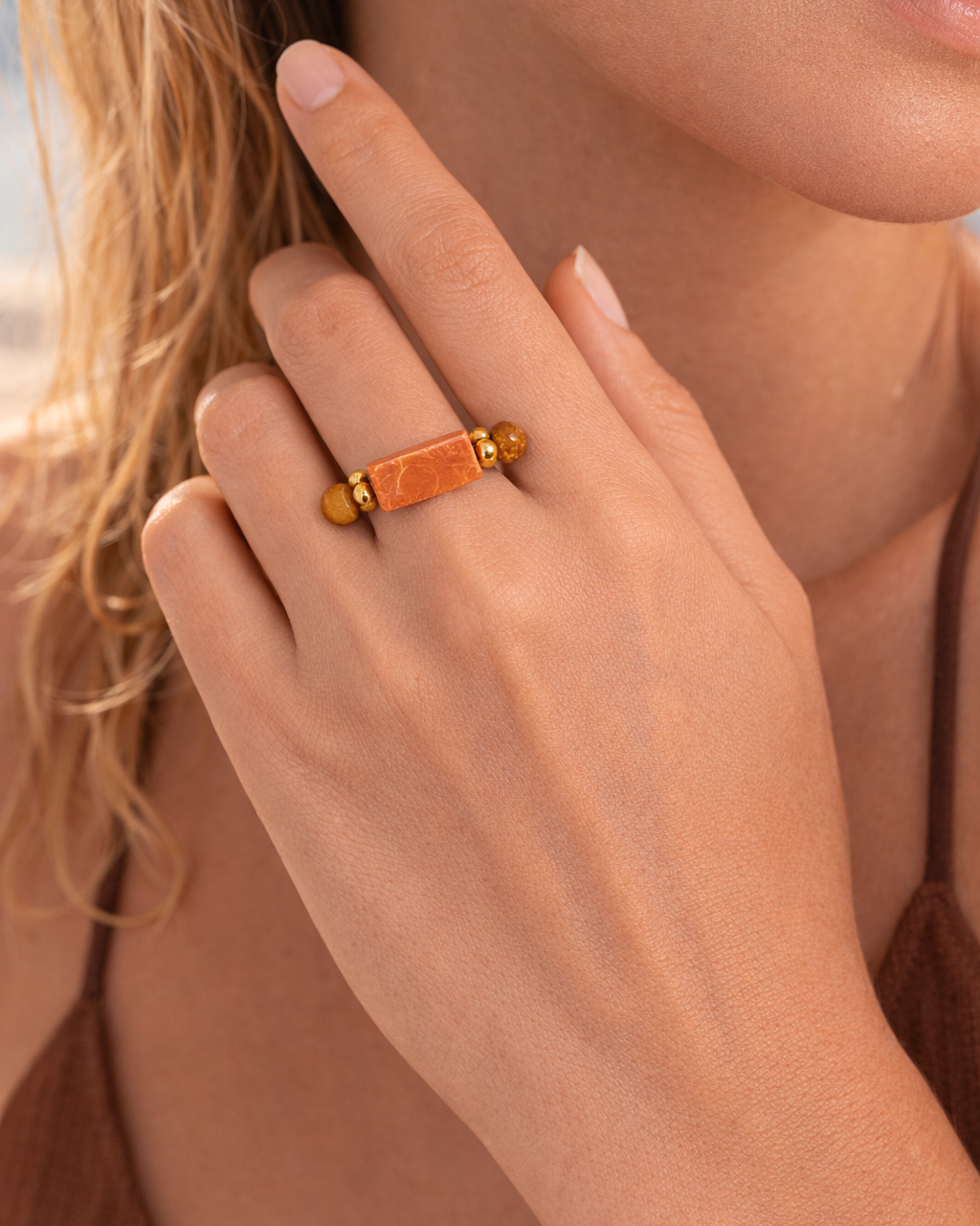 Yellow Tiger Eye Ring with Orange Jasper